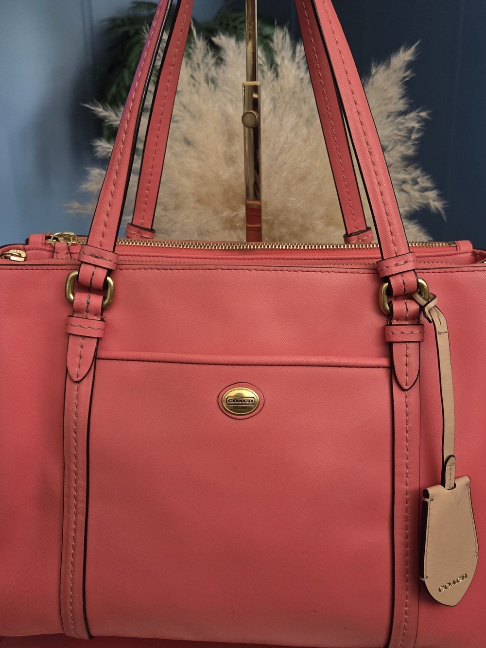 Coach Coral Pink Leather Tote with Gold Hardware very pretty color EUC